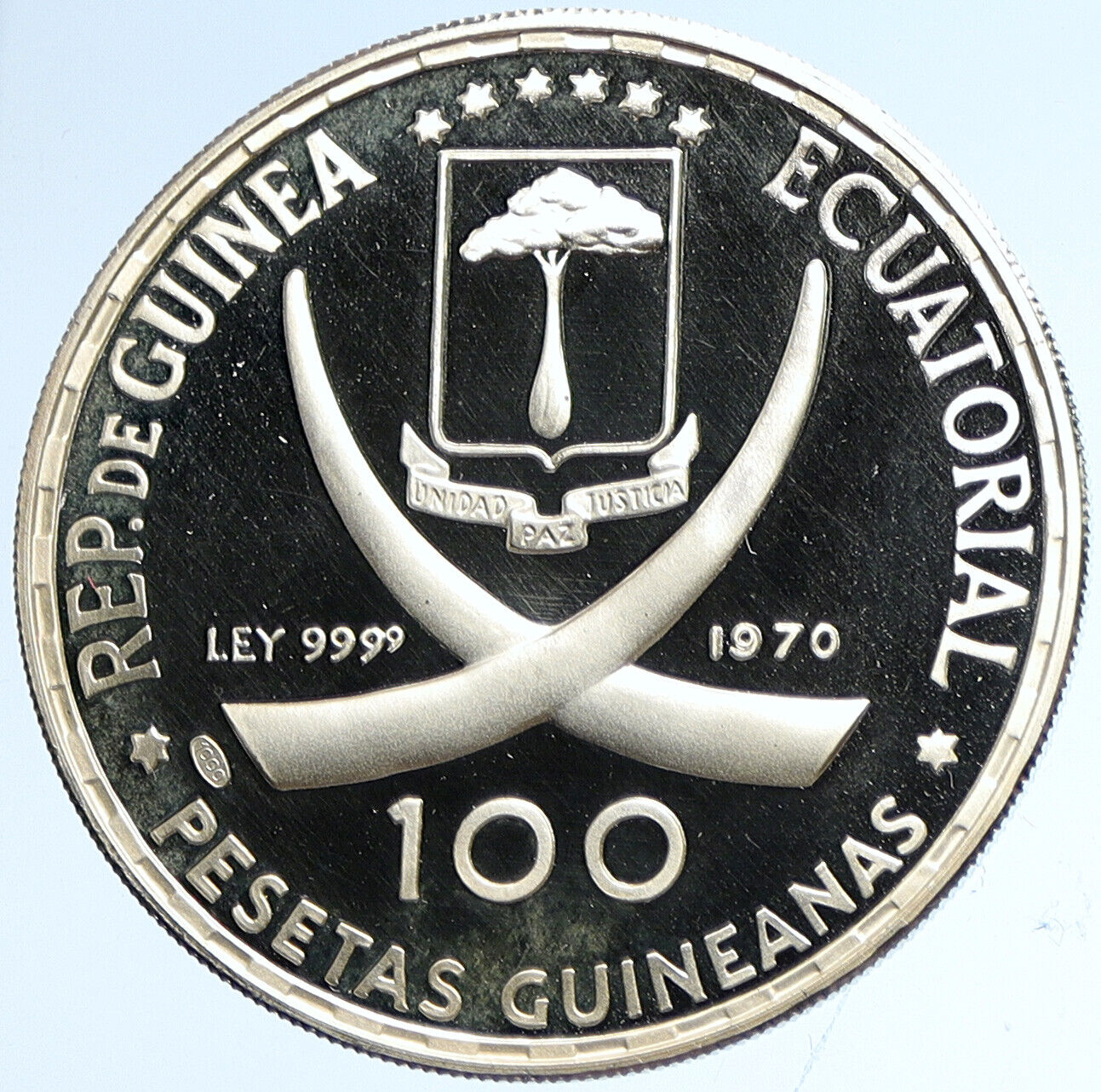 1970 EQUATORIAL GUINEA Dürer Praying Hands Proof Silver 100 Peseta Coin i113210