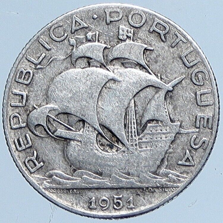 1951 PORTUGAL Sailing Boat SHIP Vintage OLD Silver 2 1/2 Escudos Coin i114204
