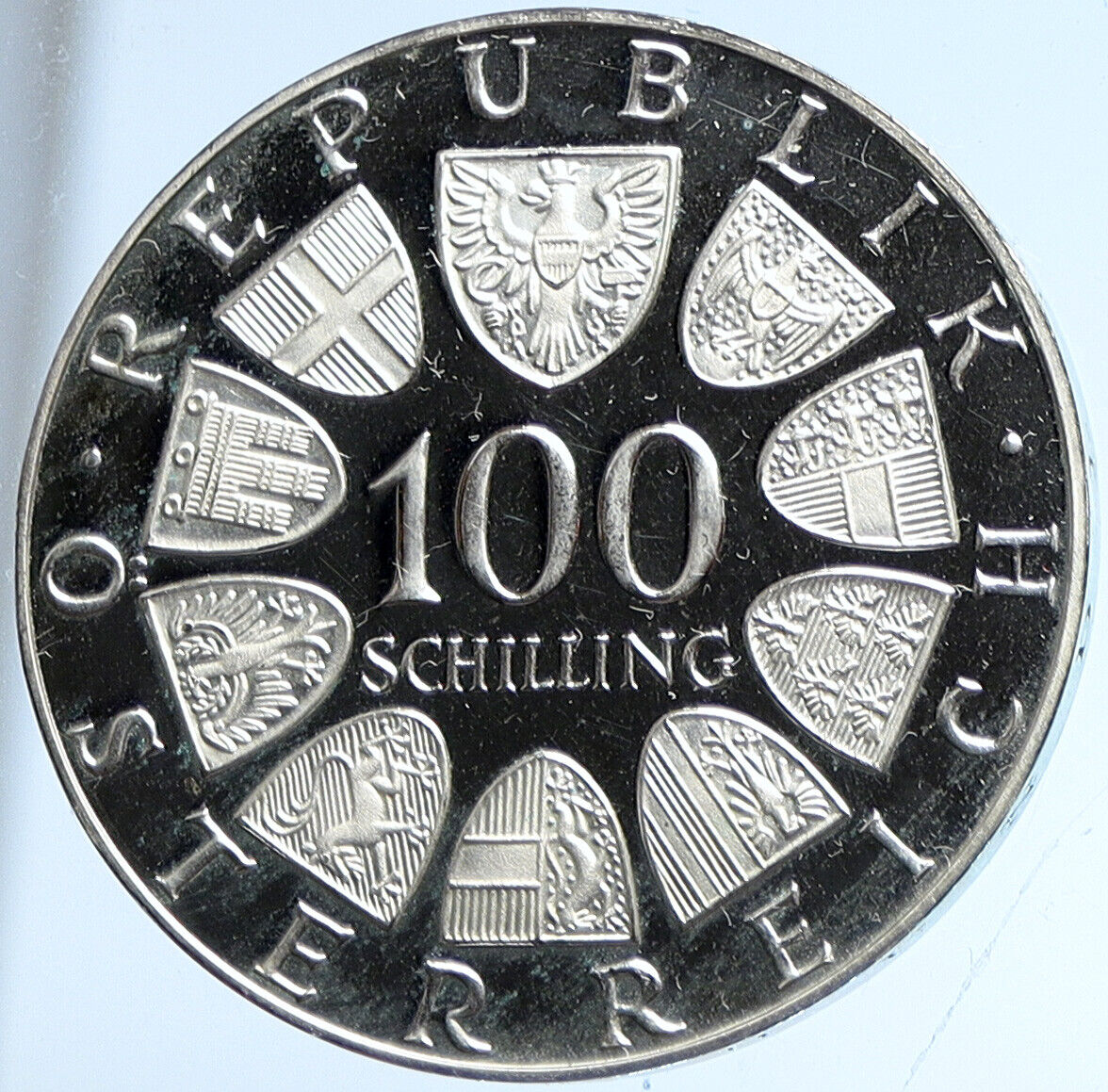 1976 AUSTRIA Architecture BURGTHEATER Old Proof Silver 100 Shilling Coin i113195