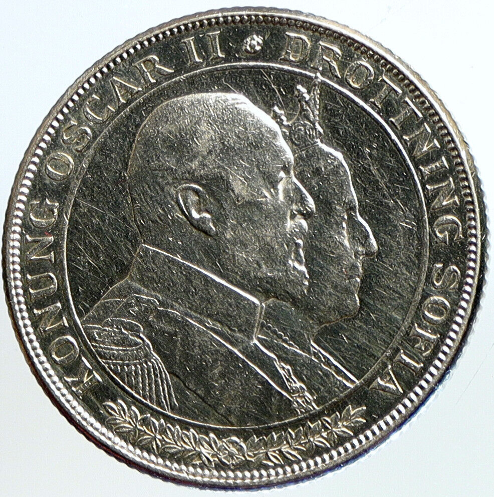 1907 SWEDEN King Oscar II Wedding to Lady Sophia Silver 2 Kronor Coin i113185