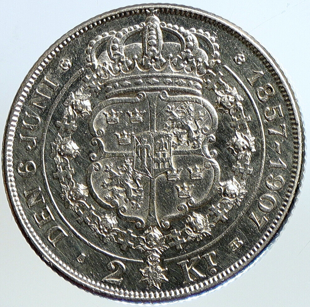 1907 SWEDEN King Oscar II Wedding to Lady Sophia Silver 2 Kronor Coin i113185