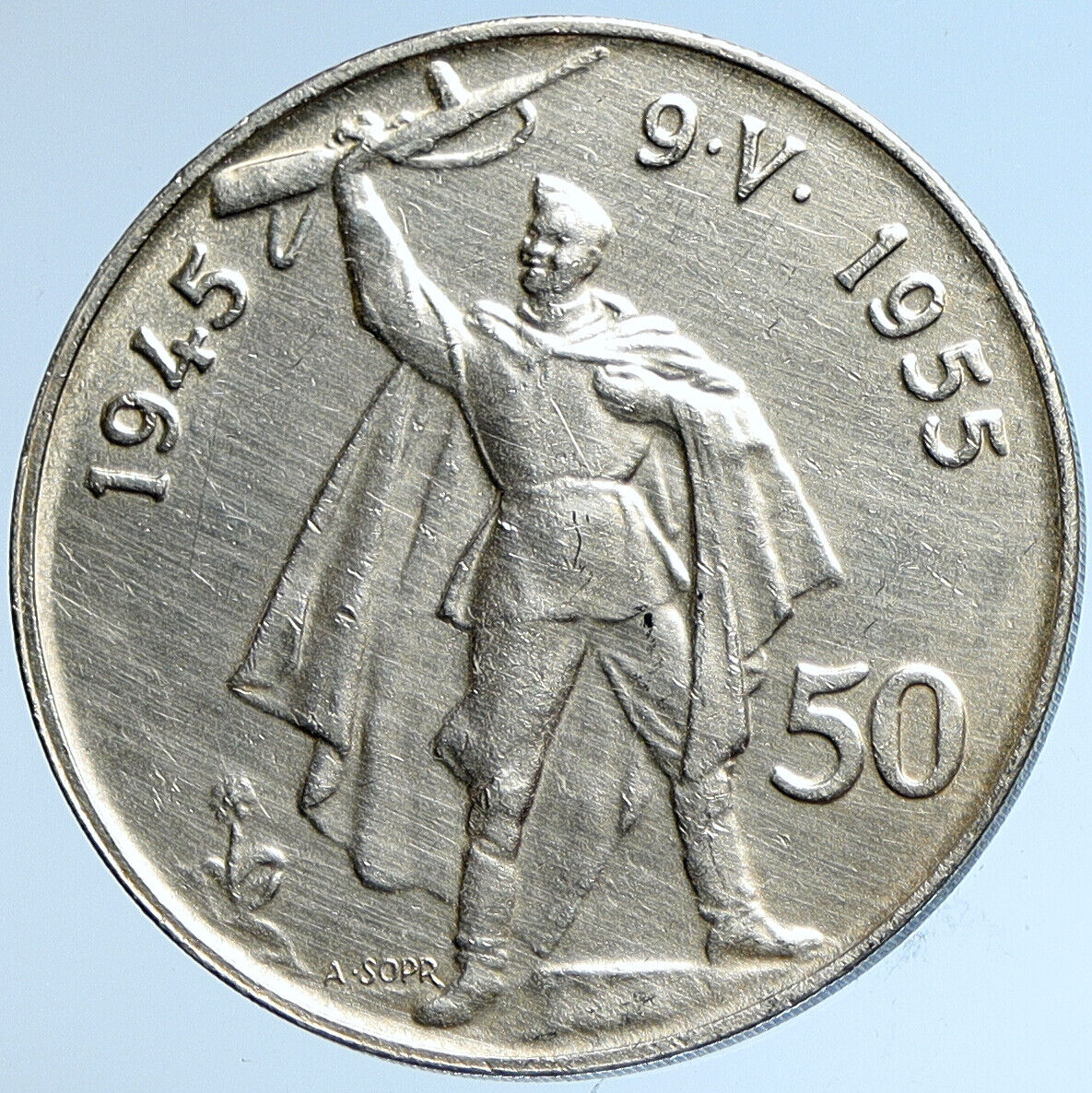 1955 CZECHOSLOVAKIA Czech Lion Soviet Soldier OLD Silver 50 Korun Coin i113247