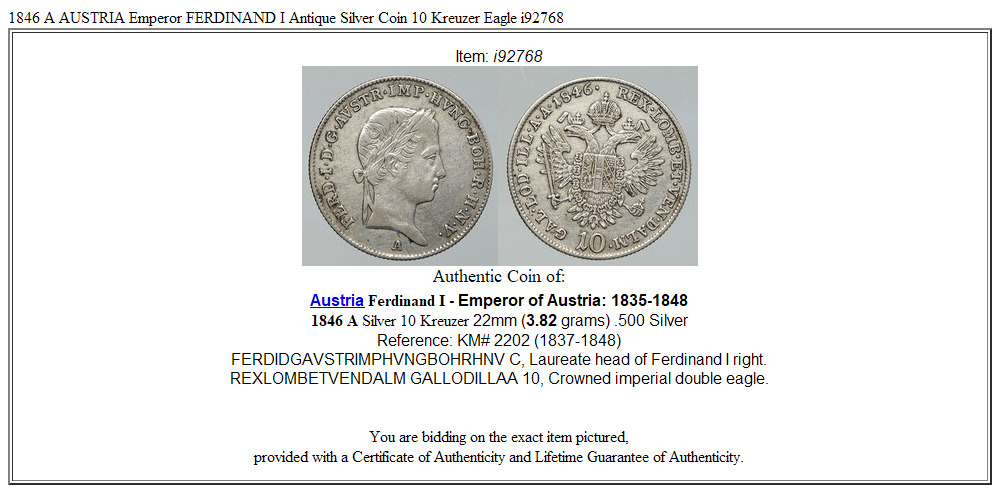 1846 A AUSTRIA Emperor FERDINAND I Antique Silver Coin 10 Kreuzer Eagle i92768