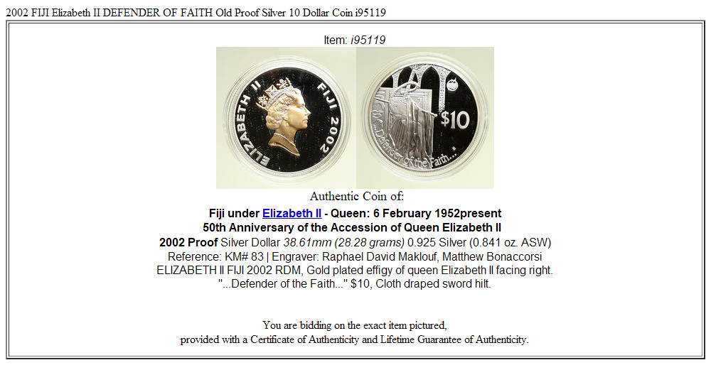 2002 FIJI Elizabeth II DEFENDER OF FAITH Old Proof Silver 10 Dollar Coin i95119