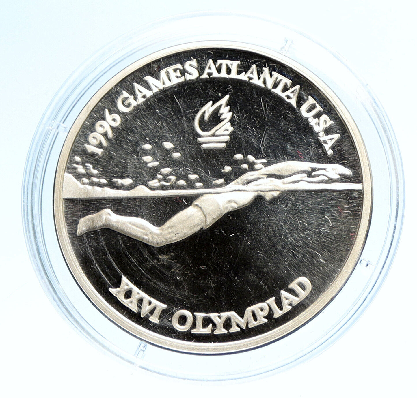 1996 ROMANIA US Atlanta Olympics SWIMMING Vintage OLD Proof 100 Lei Coin i95719