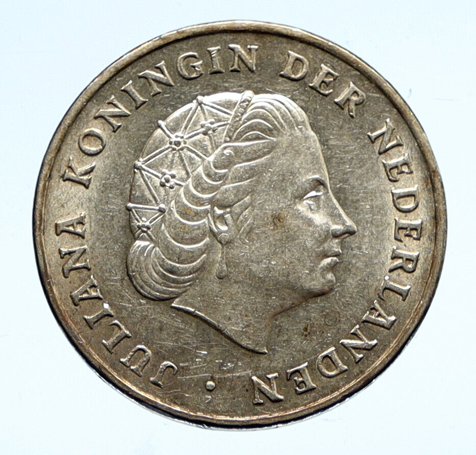 1964 NETHERLANDS ANTILLES Queen JULIANA Vintage SILVER OLD Gulden Coin i96482