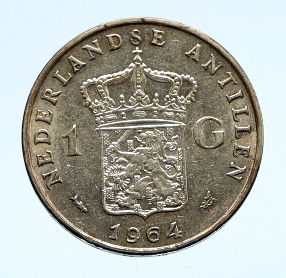 1964 NETHERLANDS ANTILLES Queen JULIANA Vintage SILVER OLD Gulden Coin i96482