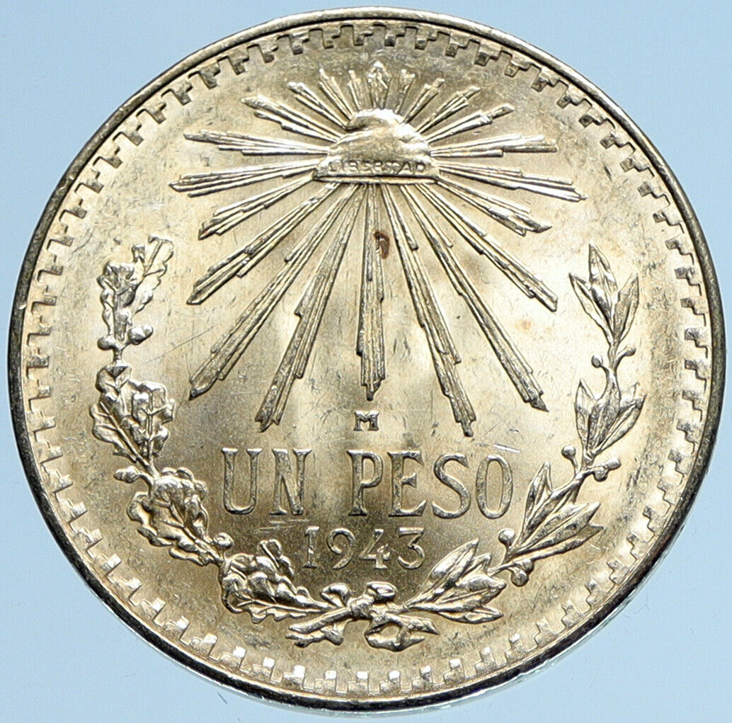1943 Mo MEXICO Large Eagle Liberty Cap Mexican Antique Silver 1 Peso Coin i97947