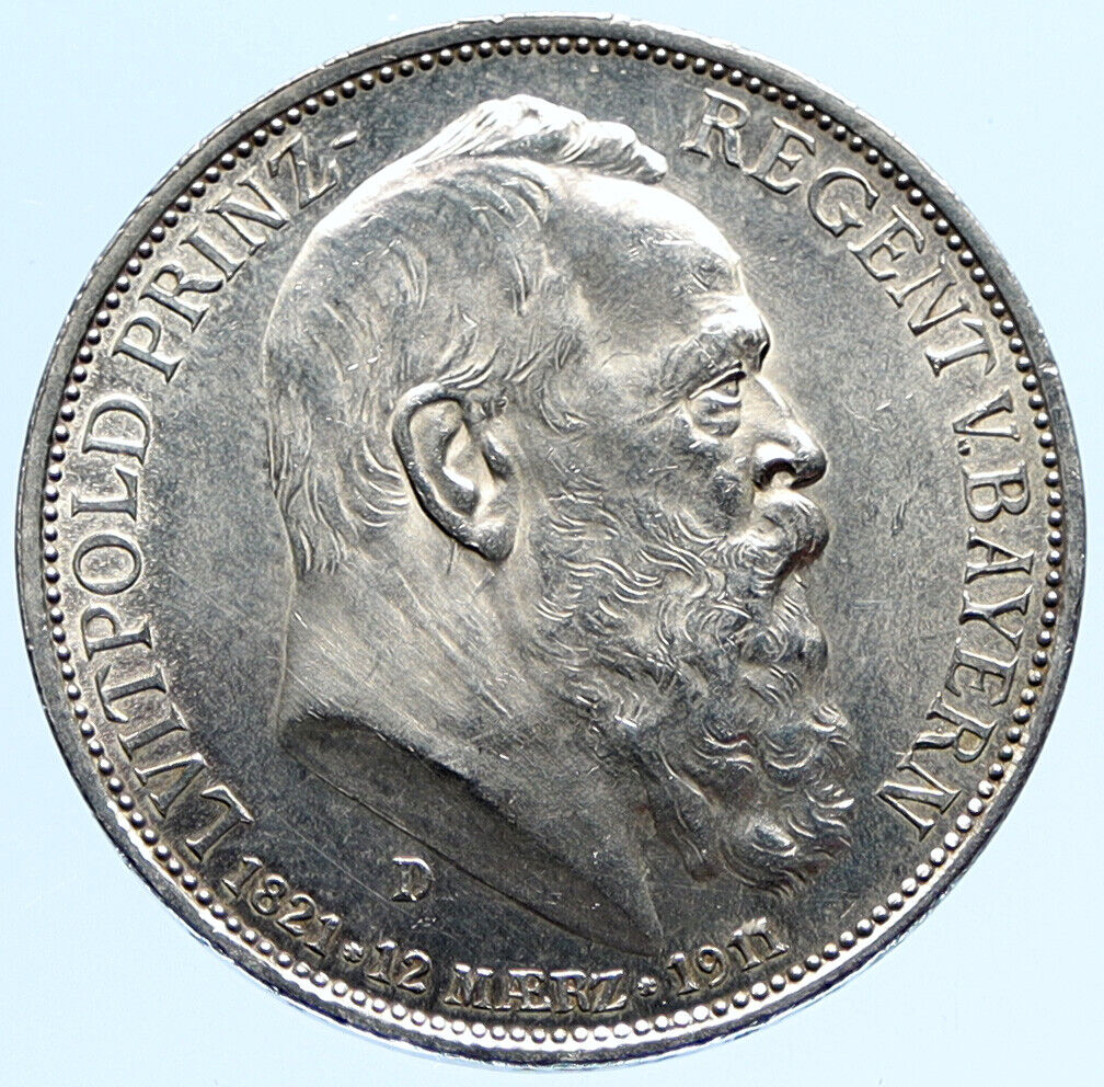 1911 D GERMANY Bavaria Otto I PRINCE LUITPOLD Antique Silver 3 Marks Coin i97276