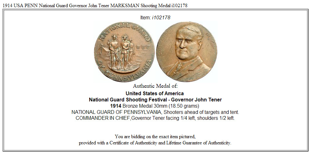 1914 USA PENN National Guard Governor John Tener MARKSMAN Shooting Medal i102178