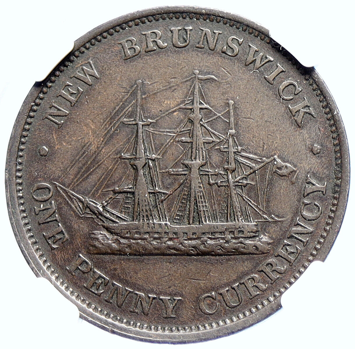 1854 CANADA New Brunswick British UK VICTORIA HMS Ship Penny Token NGC i106428