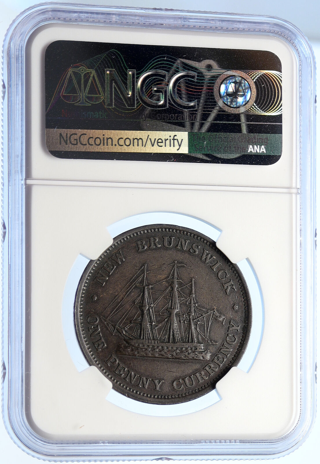 1854 CANADA New Brunswick British UK VICTORIA HMS Ship Penny Token NGC i106428