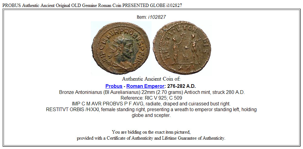 PROBUS Authentic Ancient Original OLD Genuine Roman Coin PRESENTED GLOBE i102827