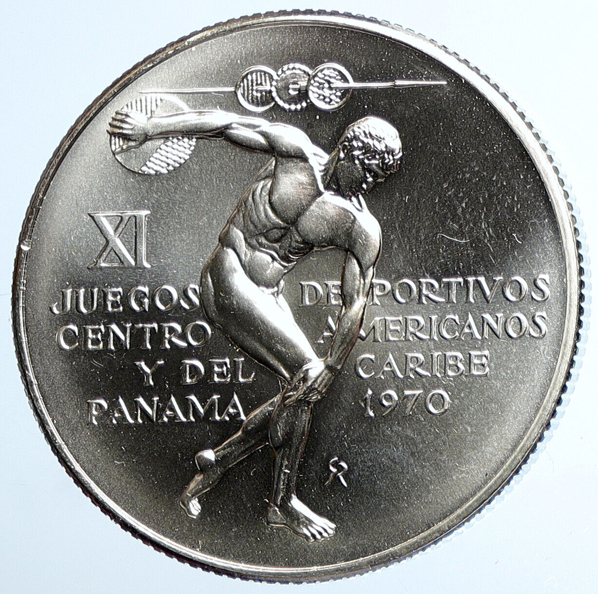 1970 PANAMA Olympic Games GREEK DISC THROW ATHLETE Silver 5 Bolivar Coin i111428
