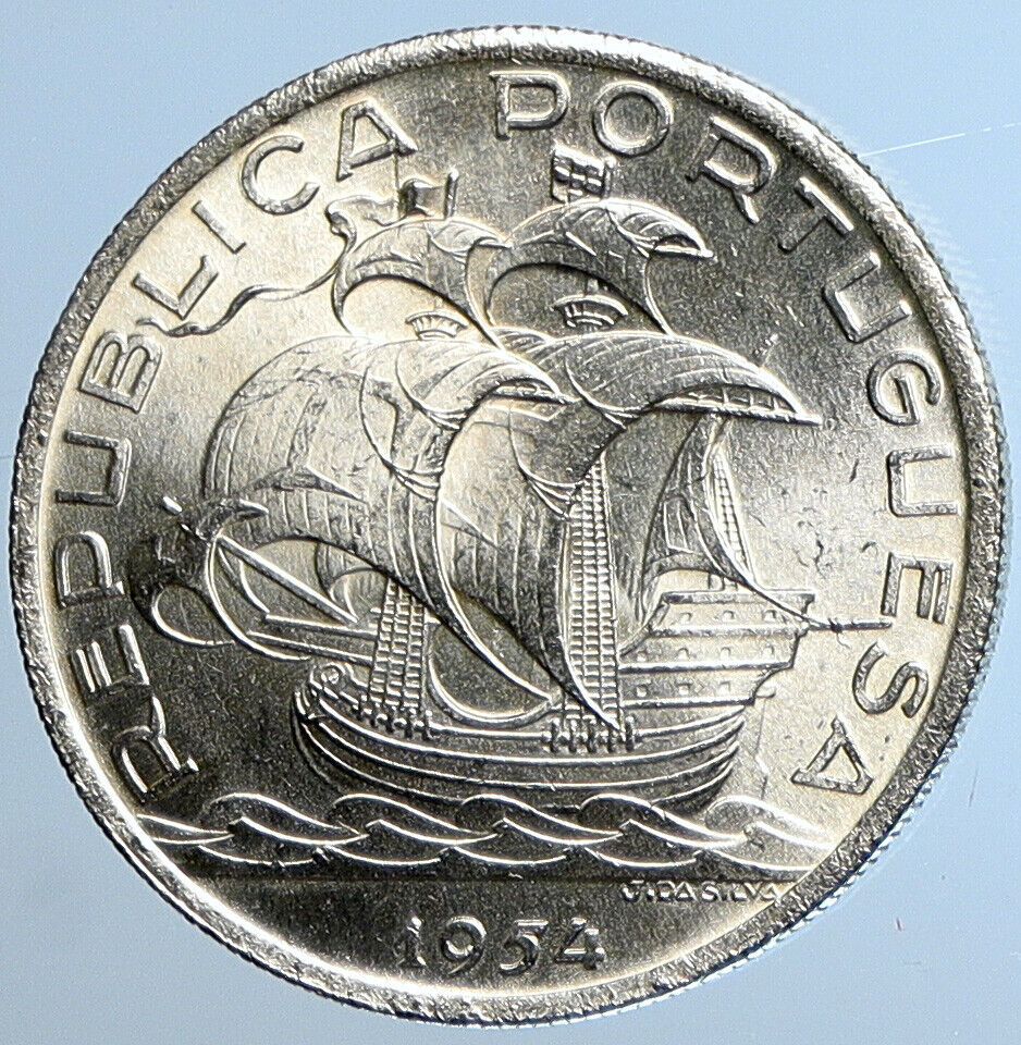 1954 PORTUGAL w PORTUGUESE SAILING SHIP Vintage Silver 10 Escudos Coin i111429