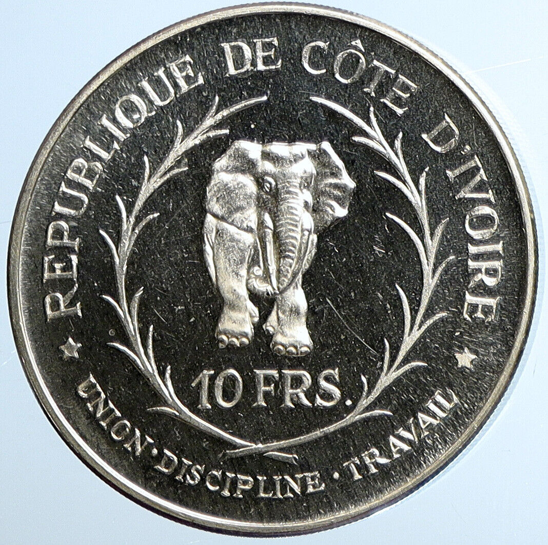 1966 IVORY COAST Felix Houphouet-Boigny AFRICA Elephant 10 Francs Coin i111427