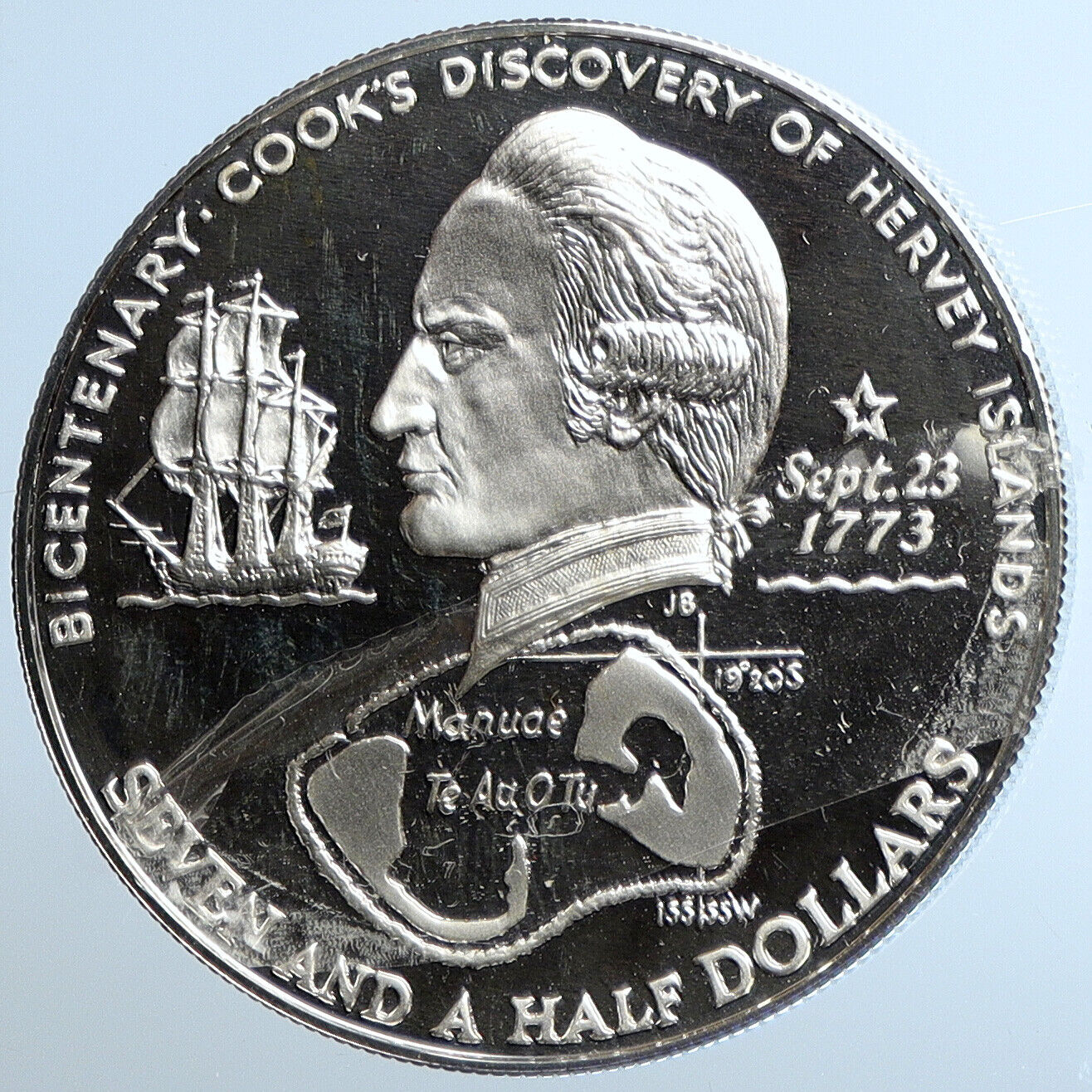 1973 COOK ISLANDS Elizabeth II James Cook Proof Silver 7 1/2 Dollar Coin i111441