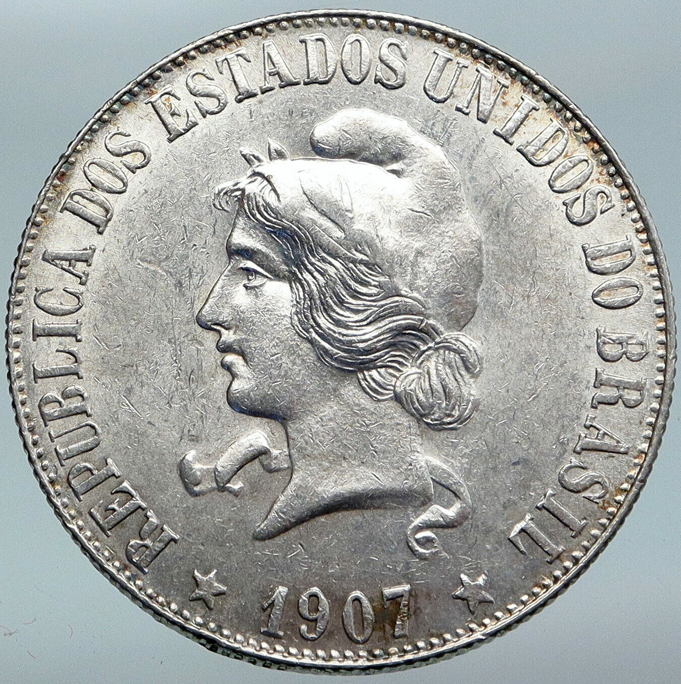 1903 BRAZIL w LIBERTY & CAP Silver OLD ANTIQUE 2000 Reis Brazilian Coin i88095