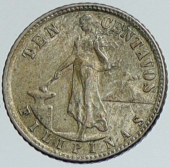 1944 D PHILIPPINES Under US Administration Eagle Silver 10 Centavos Coin i111625