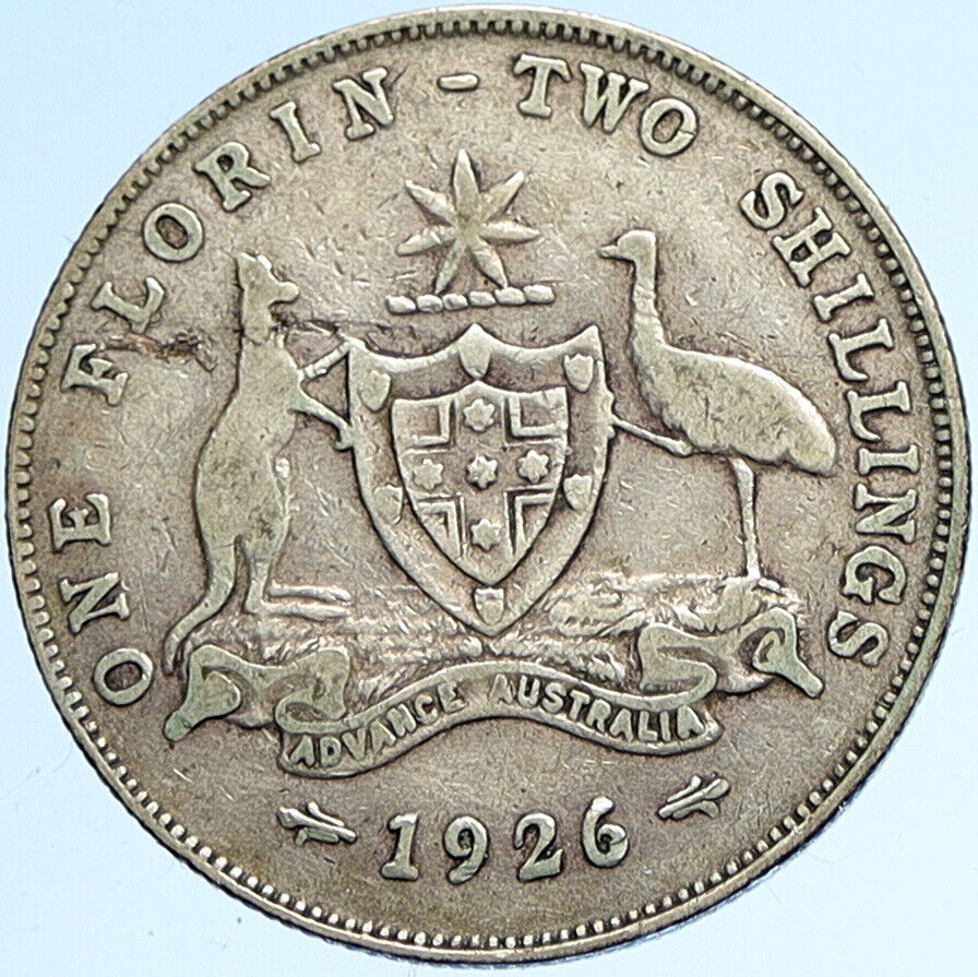 1926 AUSTRALIA UK King George V COAT OF ARMS Vintage Silver Florin Coin i112858