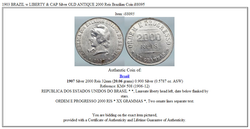 1903 BRAZIL w LIBERTY & CAP Silver OLD ANTIQUE 2000 Reis Brazilian Coin i88095