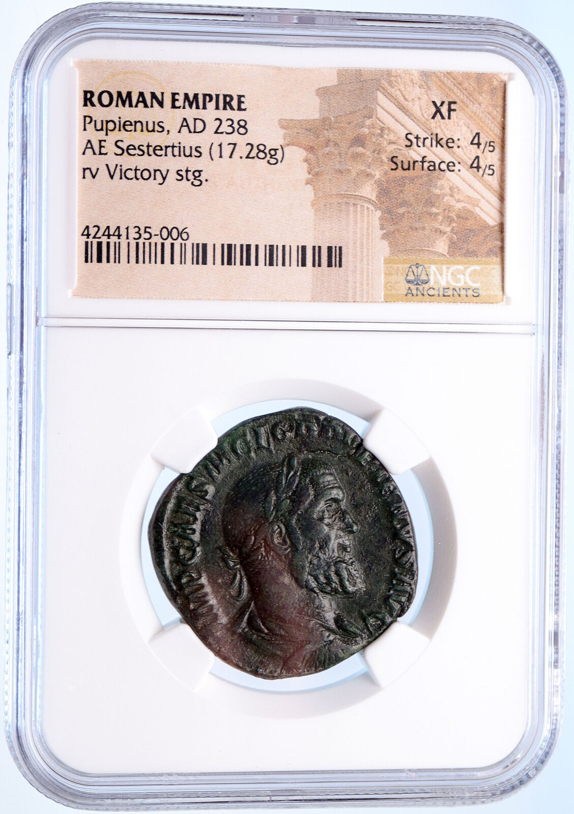 PUPIENUS Ancient 238AD Rome Sestertius Rare Roman Coin VICTORY NGC XF i66905