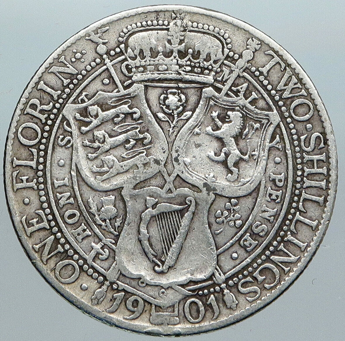 1901 UK Great Britain Kingdom QUEEN VICTORIA 3 Shields Silver Florin Coin i88962