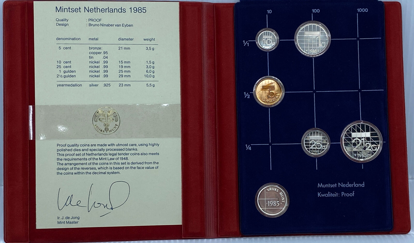 1985 NETHERLANDS Queen Beatrix Proof Set of 6 Vintage Coins 1 is Silver i114517