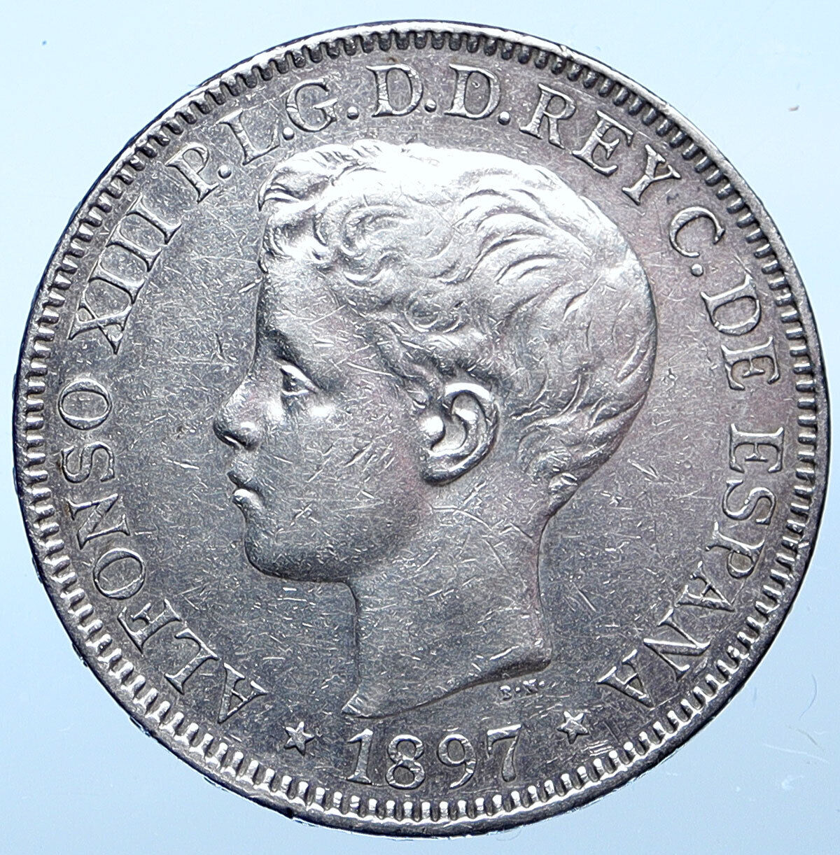 1897 PHILIPPINES under SPAIN King ALFONSO XIII Silver ISLAS Rare Coin i114899
