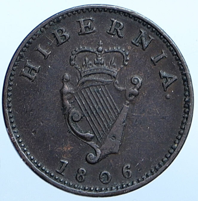 1806 IRELAND UK King George III Antique Lyre VINTAGE 1/4 P Farthing Coin i114898
