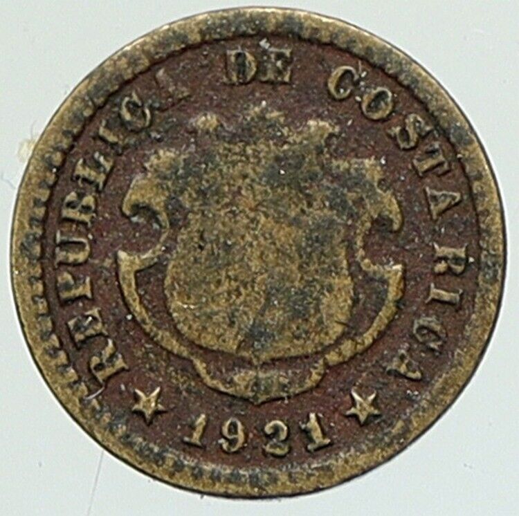 1921 COSTA RICA Wreath Vintage Central America Antique 5 Centimos Coin i111835