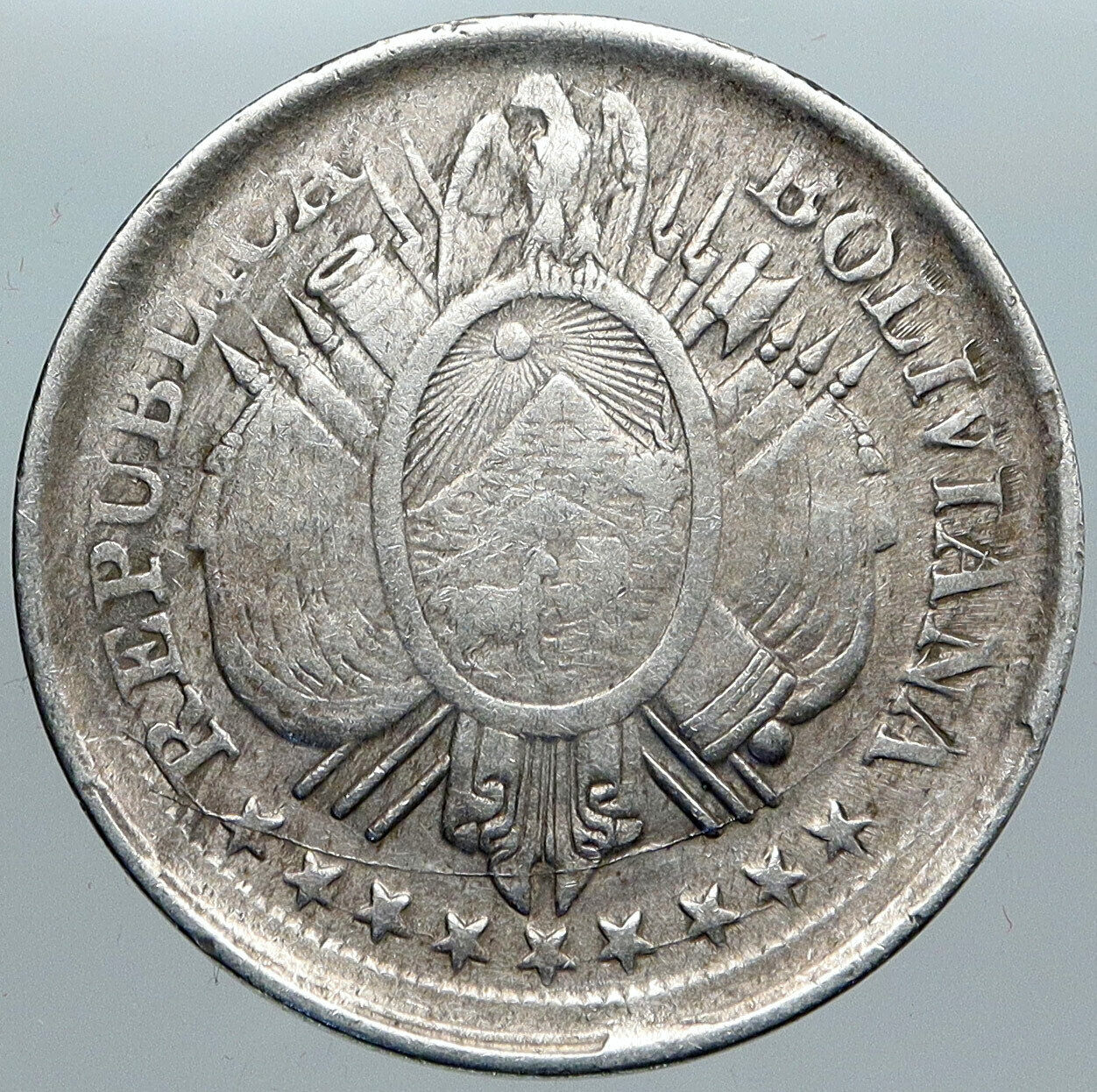 1895 ES BOLIVIA Wreath Eagle Hill Antique VINTAGE 50 Centavos Silver Coin i88966