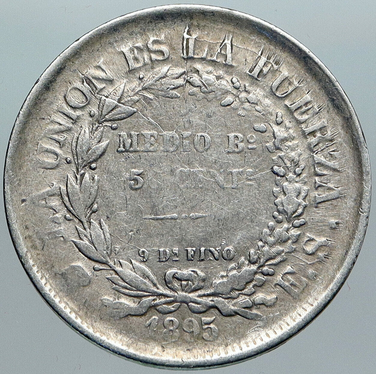 1895 ES BOLIVIA Wreath Eagle Hill Antique VINTAGE 50 Centavos Silver Coin i88966