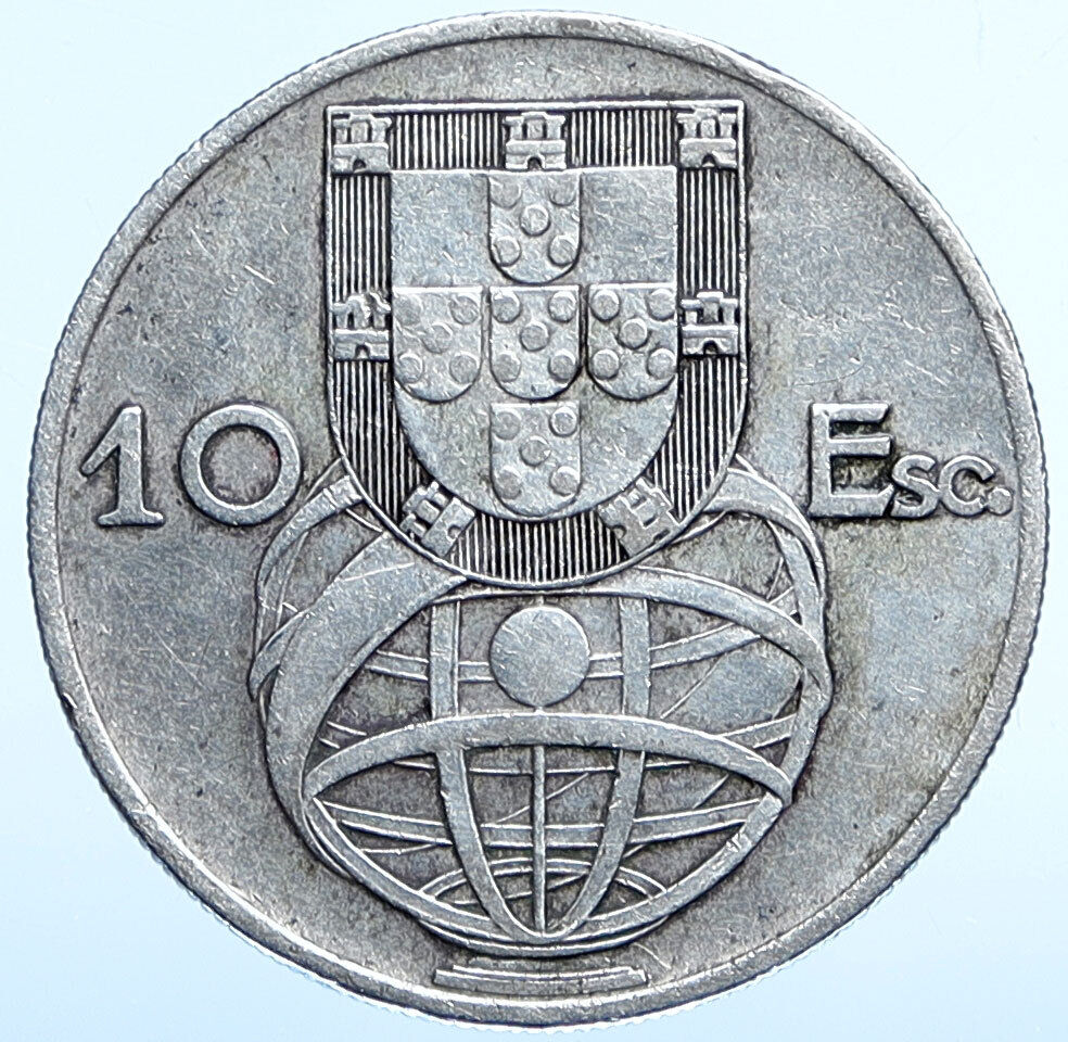 1954 PORTUGAL w PORTUGUESE SAILING SHIP Vintage Silver 10 Escudos Coin i115009