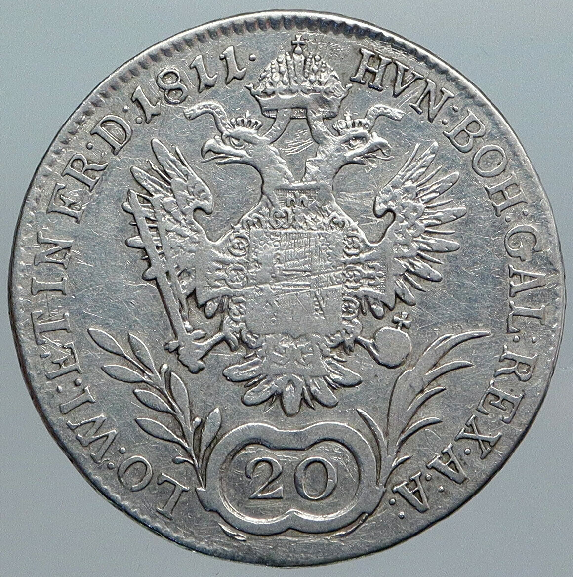 1811 AUSTRIA w King FRANCIS I (II) Antique VINTAGE Silver 20 Kreuzer Coin i88980