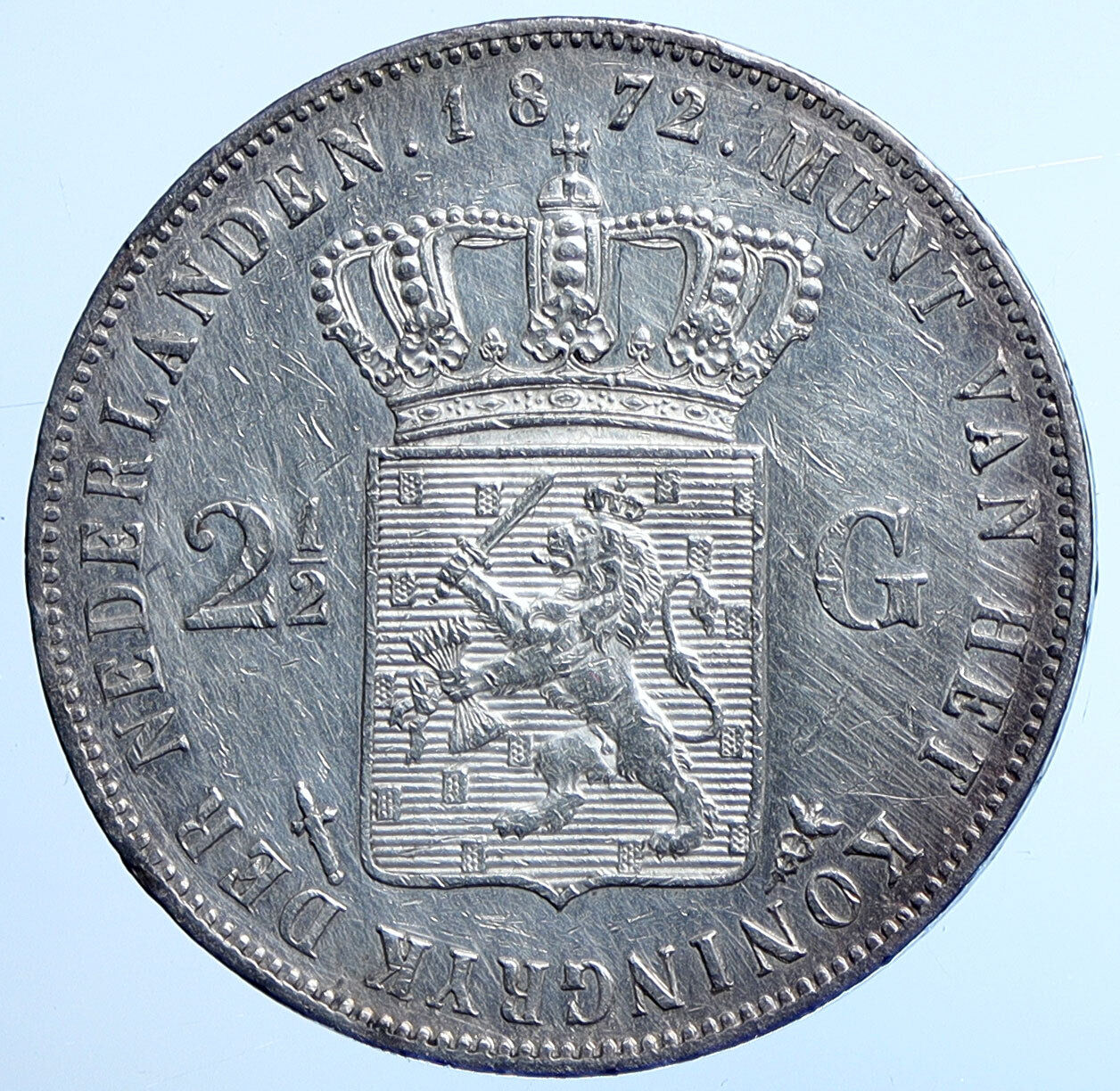 1872 Netherlands King WILLIAM III Crown ANTIQUE Silver 2 1/2 Gulden Coin i115039