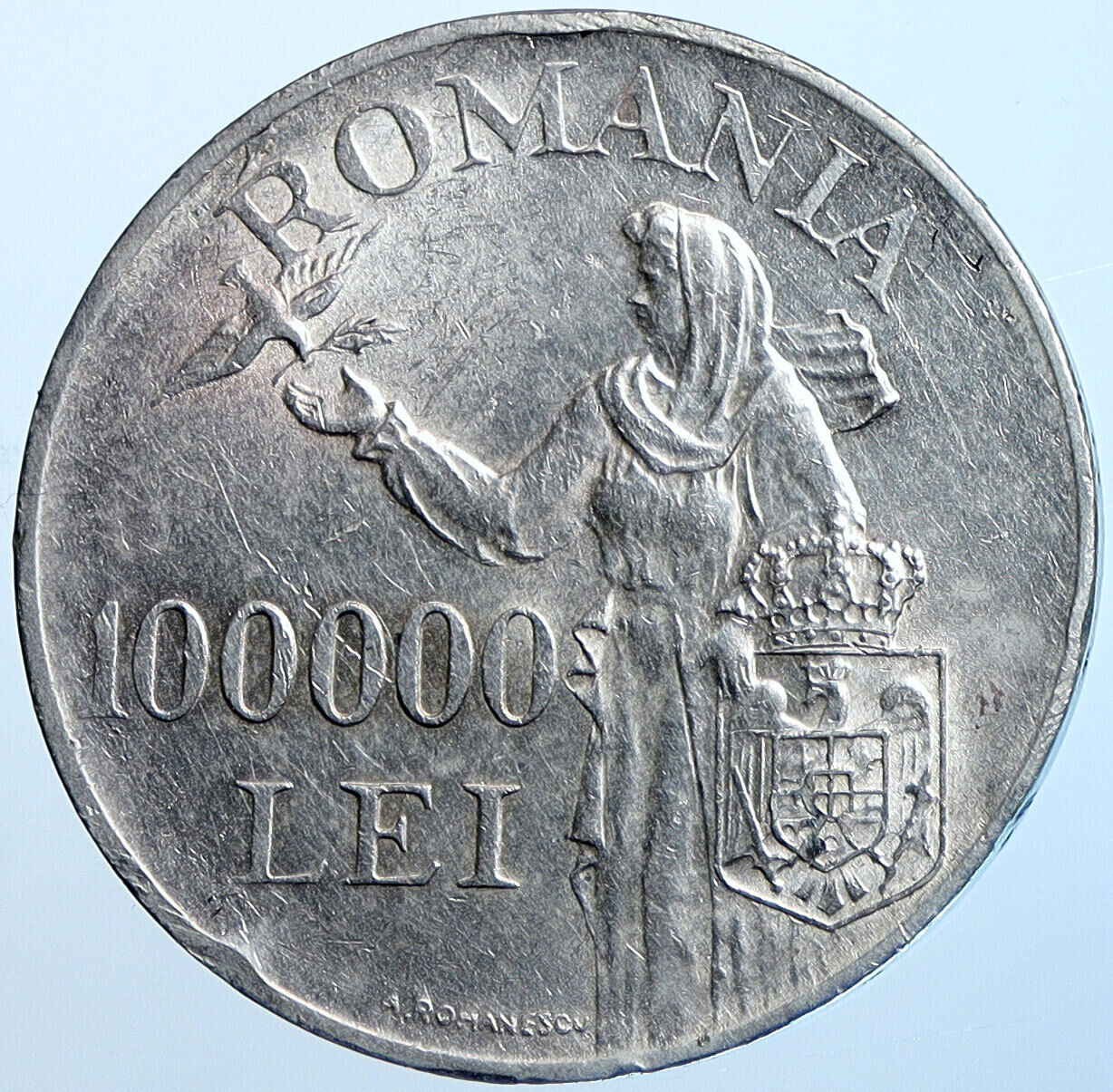 1946 ROMANIA Michael I Romanian Lady Bird Antique Silver 100000 Lei Coin i114681