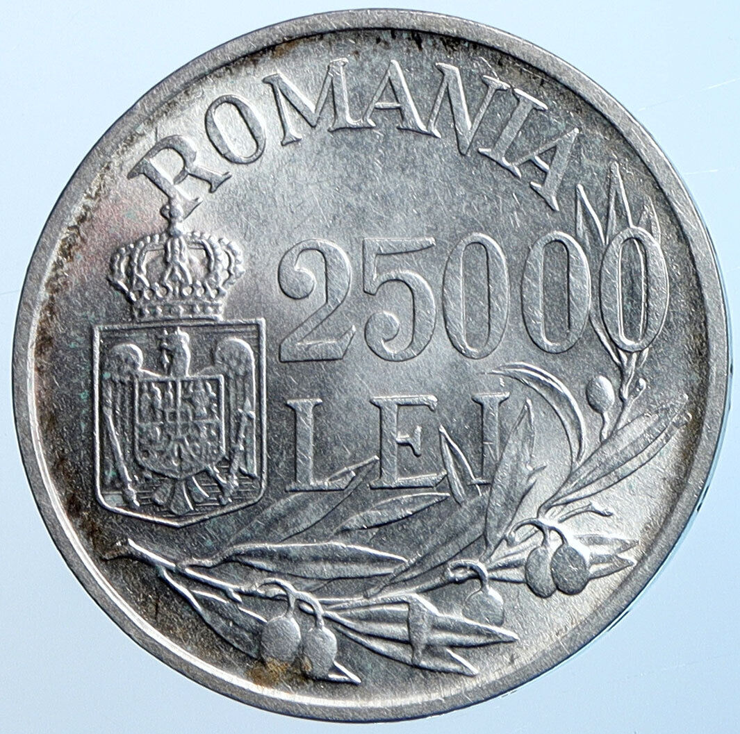 1946 ROMANIA King Michael I Shield OLD Silver 25000 Lei Romanian Coin i114677