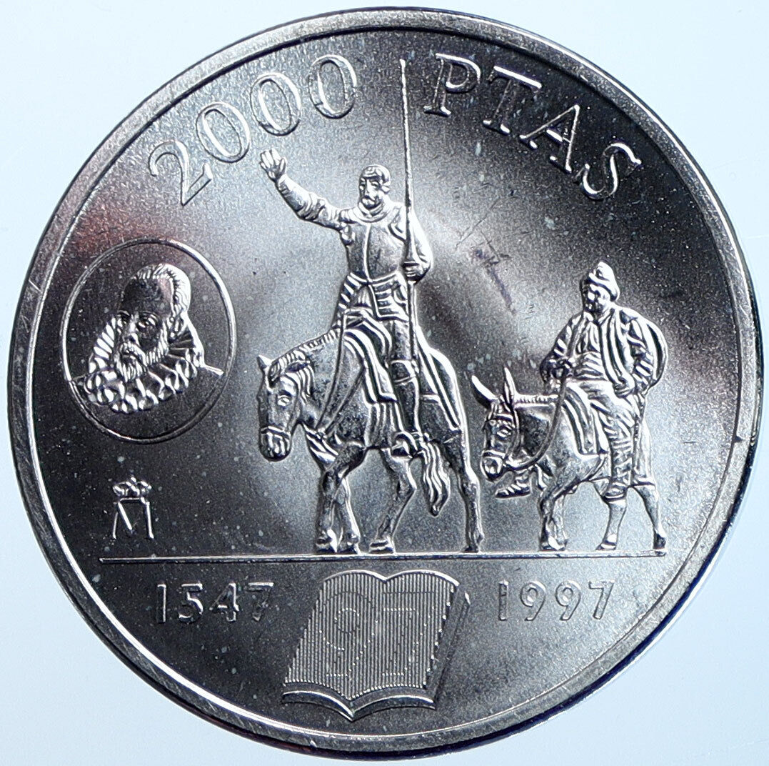 1997 SPAIN JUAN CARLOS I Don Quixote Cervantes Silver 2000 Pesetas Coin i114680