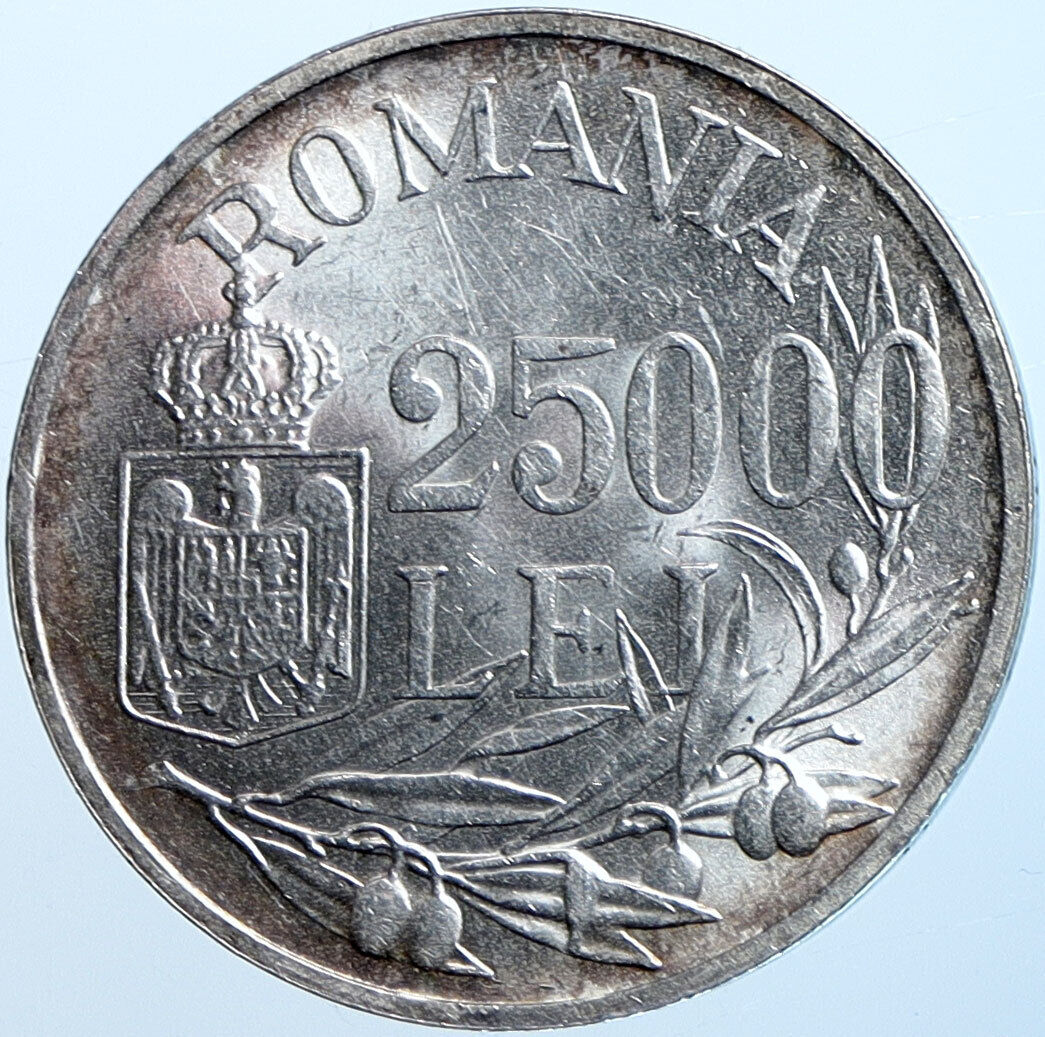 1946 ROMANIA King Michael I Shield OLD Silver 25000 Lei Romanian Coin i114686