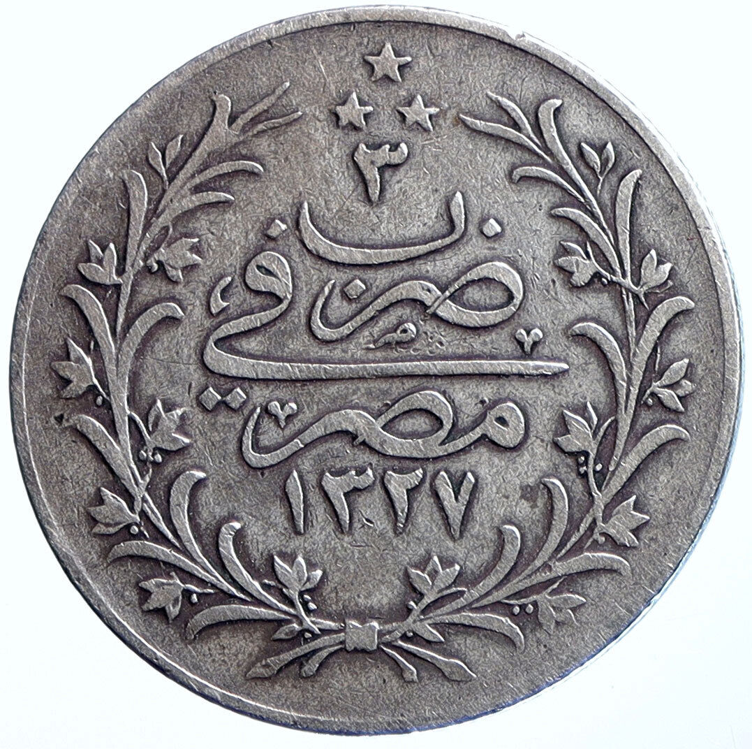 1910-13 1327AH EGYPT Flower MEHMED V RESAD Silver 10 Qirsh Egyptian Coin i114687