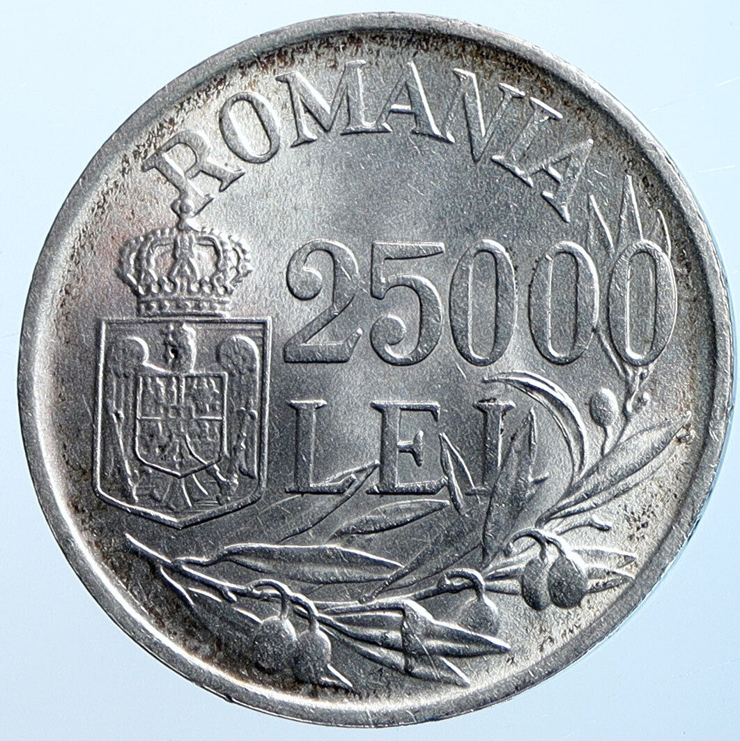 1946 ROMANIA King Michael I Shield OLD Silver 25000 Lei Romanian Coin i114685
