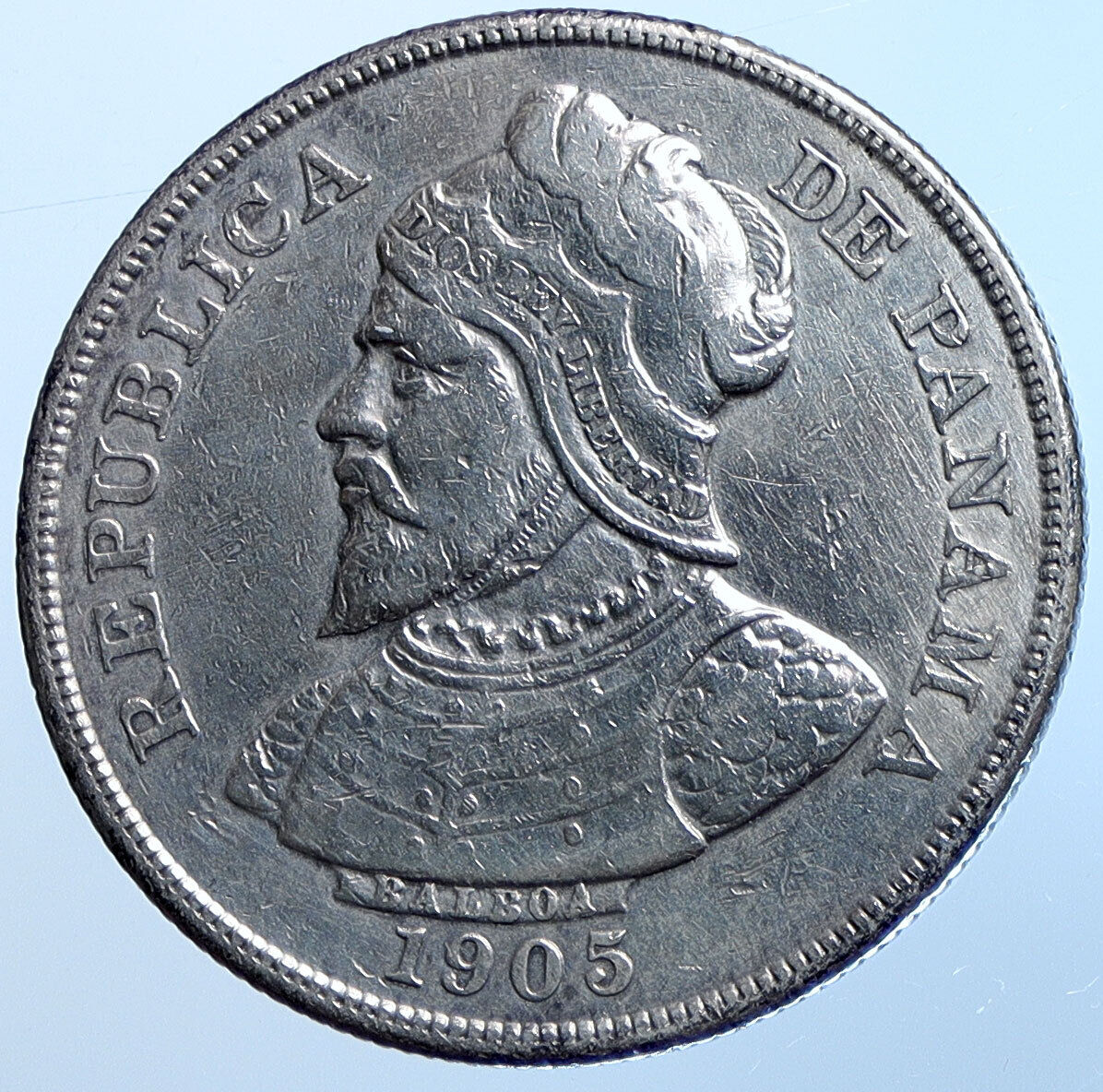 1905 PANAMA CONQUISTADOR BALBOA Antique OLD Silver 50 Centesimos Coin i114702