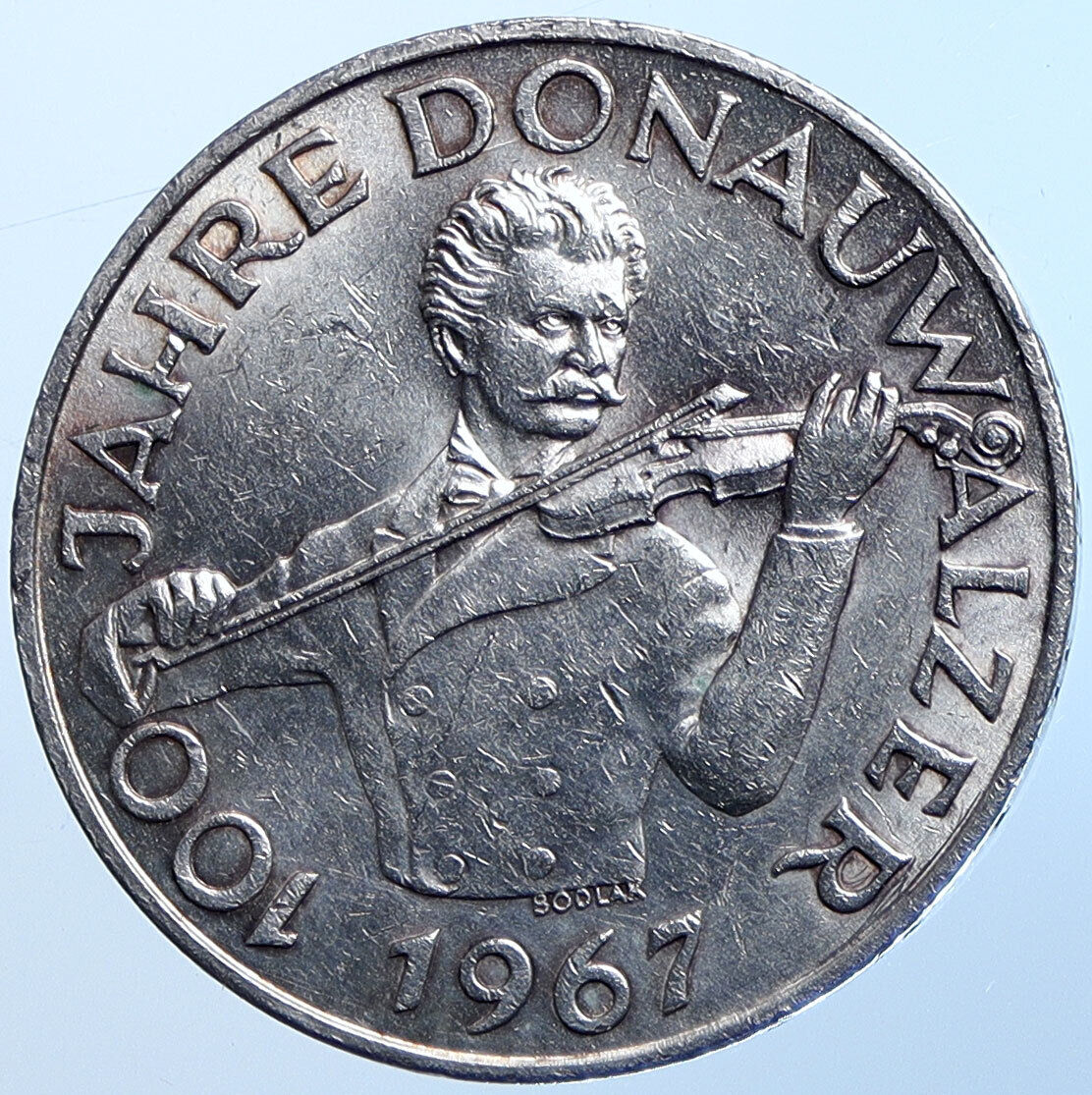 1967 AUSTRIA Blue Danube Waltz Violin VINTAGE Silver 50 Shilling Coin i114705