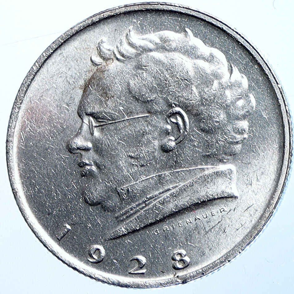 1928 AUSTRIA w Composer Franz Schubert Antique Silver 2 Schilling Coin i114719