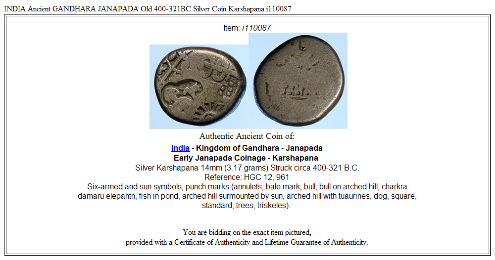 INDIA Ancient GANDHARA JANAPADA Old 400-321BC Silver Coin Karshapana i110087