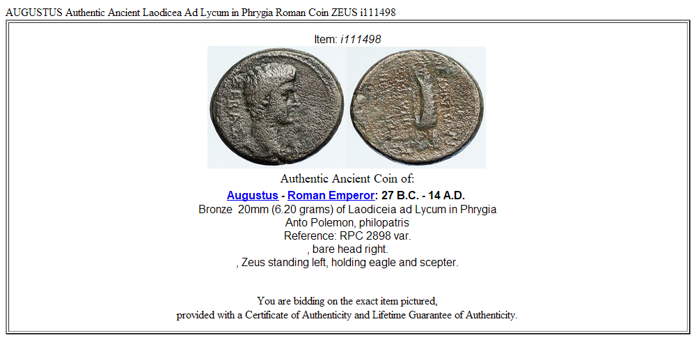 AUGUSTUS Authentic Ancient Laodicea Ad Lycum in Phrygia Roman Coin ZEUS i111498