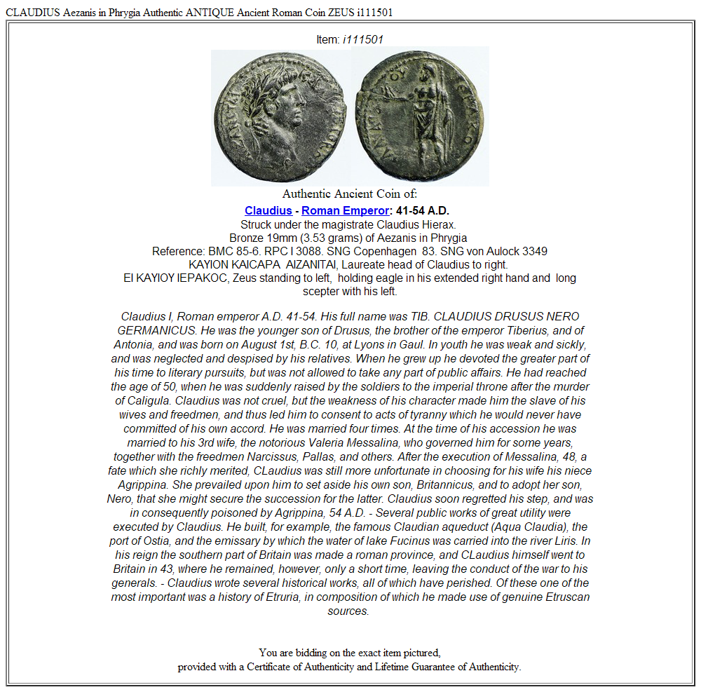 CLAUDIUS Aezanis in Phrygia Authentic ANTIQUE Ancient Roman Coin ZEUS i111501