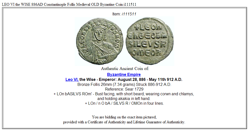 LEO VI the WISE 886AD Constantinople Follis Medieval OLD Byzantine Coin i111511