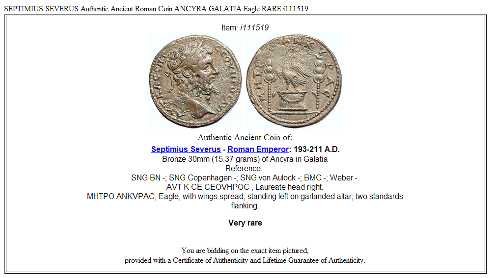 SEPTIMIUS SEVERUS Authentic Ancient Roman Coin ANCYRA GALATIA Eagle RARE i111519